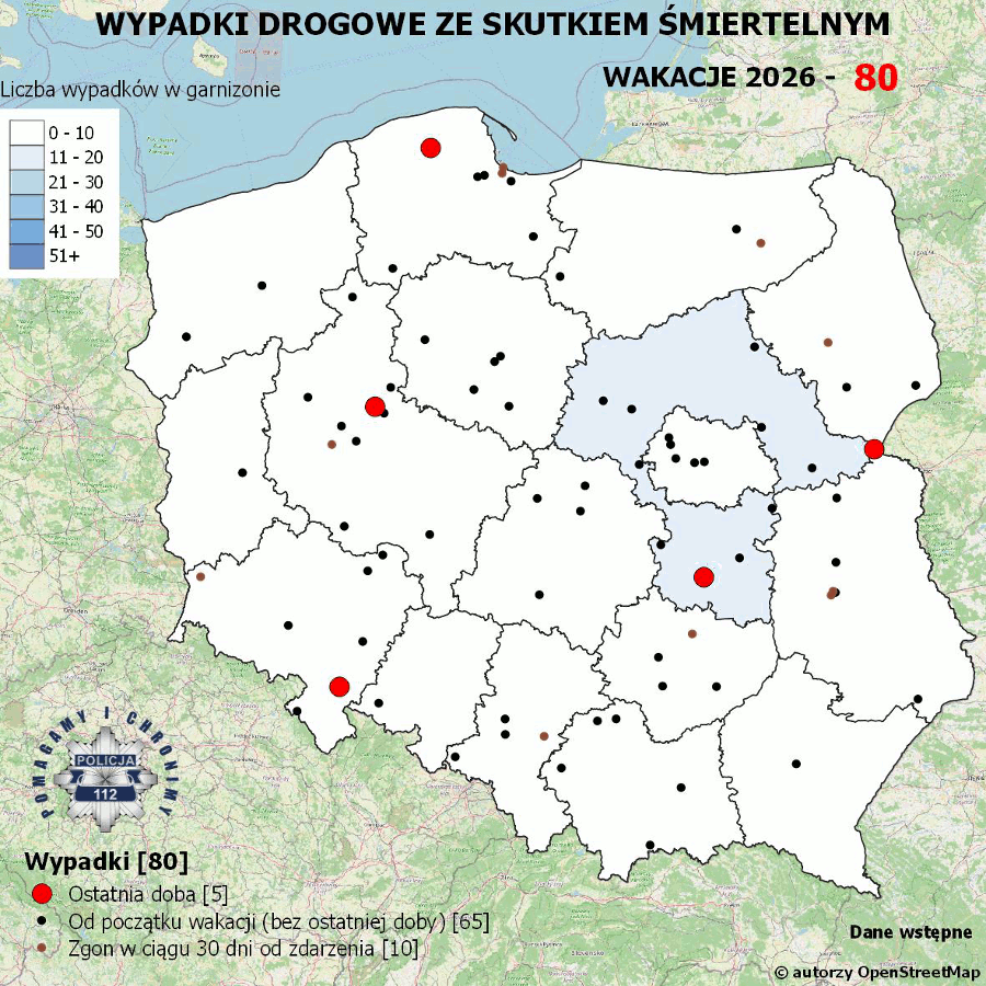 Mapa prezentująca liczbę wypadków poprzedniej doby w Polsce. Prezentowane dane są dostępne w tekście poniżej.