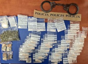 na zdjęciu widać biurko na którym są rozłożone woreczki strunowe z zawartością białego proszku, suszu roślinnego oraz grzybów halucynogennych