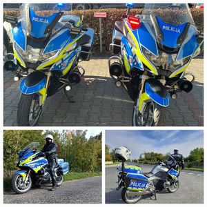 zdjęcie podzielone jest na 3 części, na jednej widać policjanta na nowym motocyklu, na drugim także, na trzecim widać dwa nowe motocykle